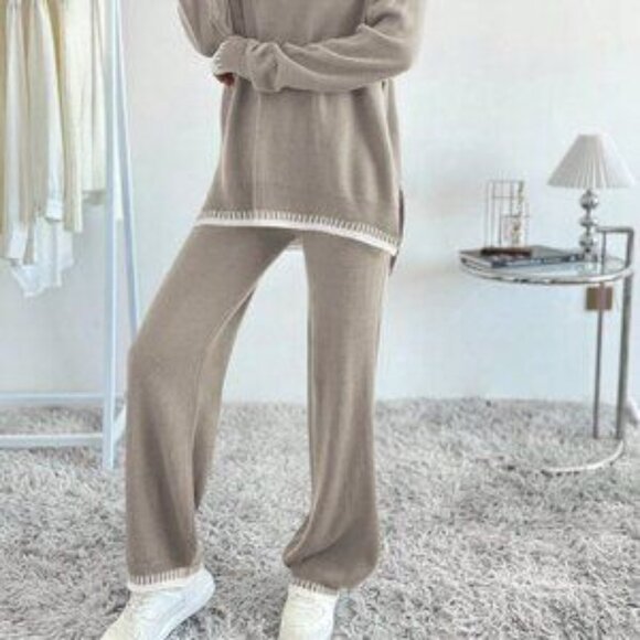 Multicolor Casual Women's Contrast Color Long Sleeve Sweater & Knitted Pants Set - Picture 3 of 6